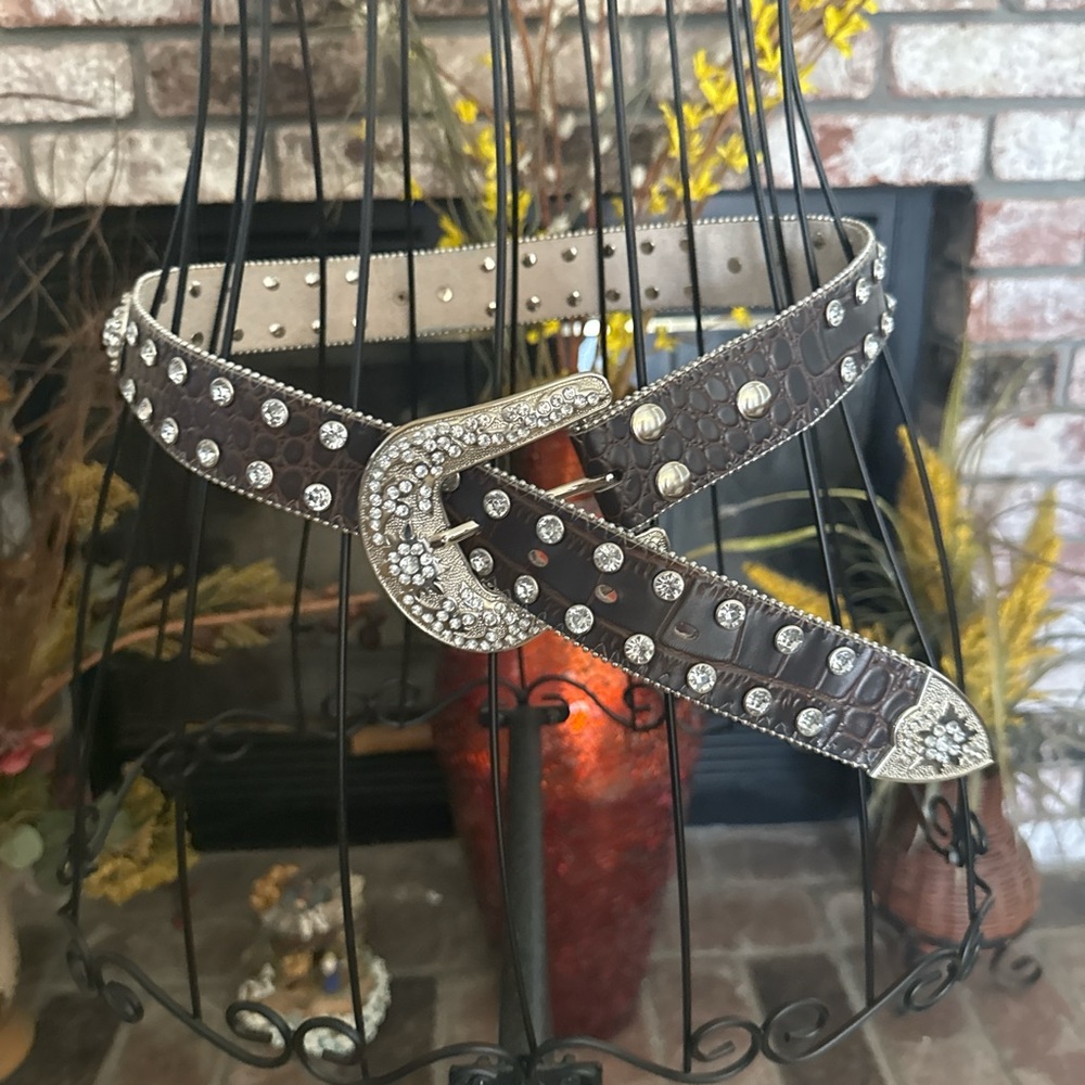 Y2K Genuine Leather Brown and silver rhinestone bling belt